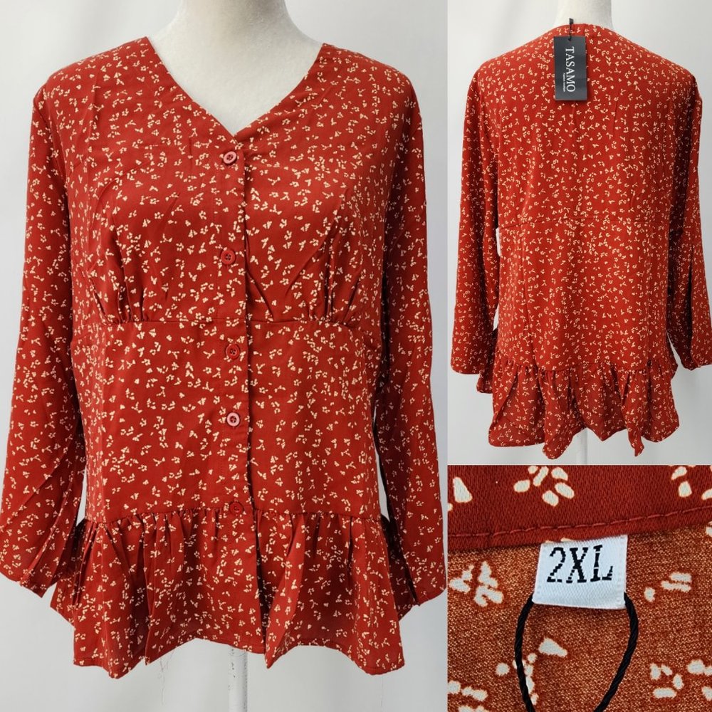 New Tasamo Womens 2XL Autumn Red V-Neck Ruffled Bottom Button Up Blouse Top